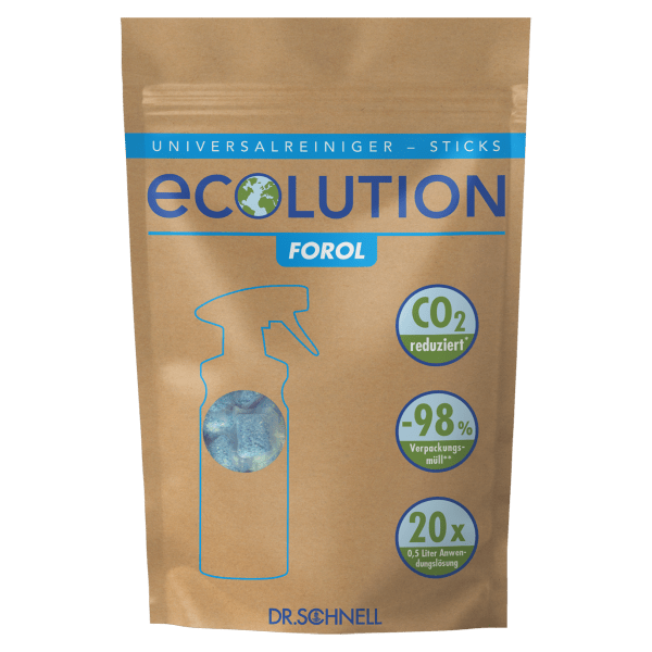 Tá an mála donn leis an inscríbhinn "Dr. Schnell ECOLUTION FOROL STICKS" ó DR.SCHNELL GmbH & Co. KGaA ina bhfuil 60g de mhaide glantacháin uilíoch i bhfoirm púdar, a cheadaíonn glanadh atá neamhdhíobhálach don chomhshaol le laghdú CO₂ agus coigilt ar ábhar pacáistithe.