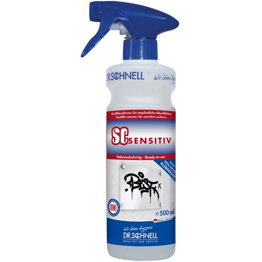 A 500-ml spray bottle of DR.SCHNELL SC SENSITIV Graffiti Remover for sensitive surfaces, with a blue nozzle and a label featuring product information and graffiti on a wall.