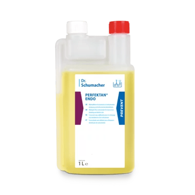 A 1-liter plastic bottle of Dr. Schumacher GmbH PERFEKTAN® ENDO with a red cap, yellow liquid, and white label with blue and violet text - ideal for safe endoscope reprocessing.