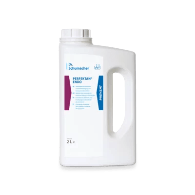 A 2-liter container made of white plastic with a handle and screw cap, labeled with "Dr. Schumacher PERFEKTAN® ENDO" of Dr. Schumacher GmbH, is provided with blue and violet accents for endoscope reprocessing with disinfectant endoscopes.