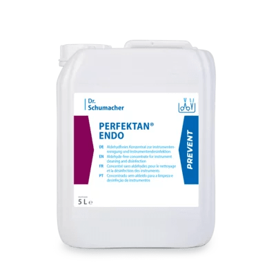 A 5-liter container made of white plastic with Dr. Schumacher PERFEKTAN® ENDO of Dr. Schumacher GmbH, used as an endoscope disinfectant and cleaner for medical instruments in endoscope reprocessing.