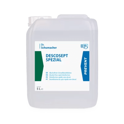 Transparent 5-liter plastic container of Dr. Schumacher Descosept Special rapid disinfectant from Dr. Schumacher GmbH with multilingual text, blue "PREVENT" stripe, white lid, and alcohol-free label on a light background.