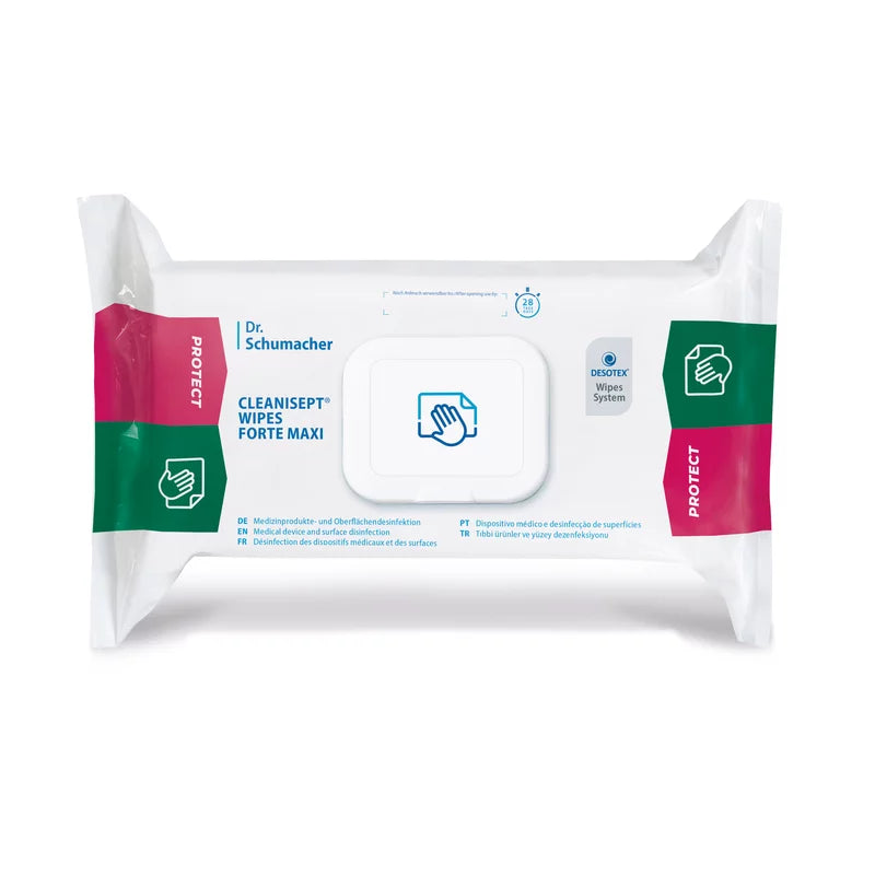 Pacáiste de Dr. Schumacher Cleanisept® Wipes Maxi Desinfektionstücher (100 píosa) ón Dr. Schumacher GmbH le clúdach atá in-athdhúnadh, piktogramanna gorma agus bándearga agus téacs ar bhán, deartha le haghaidh díghalrú tapa tapa gan alcól.