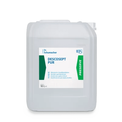 Dr. Schumacher DESCOSEPT PUR rapid disinfection in a 10-liter container made of transparent plastic with a green-white label, handle, and screw cap for alcoholic rapid disinfection of medical devices.