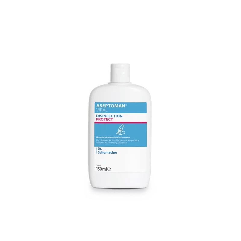A white plastic bottle of Dr. Schumacher Aseptoman® Viral Hand Disinfection by Dr. Schumacher GmbH with blue and pink accents, containing 150 ml of the skin-friendly virucidal hand disinfectant, depicted on a plain white background.