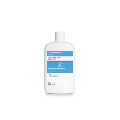A white plastic bottle of Dr. Schumacher Aseptoman® Viral Hand Disinfection by Dr. Schumacher GmbH with blue and pink accents, containing 150 ml of the skin-friendly virucidal hand disinfectant, depicted on a plain white background.