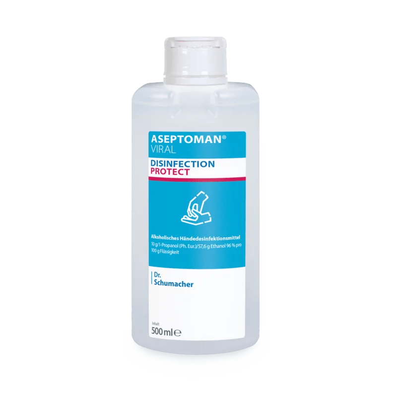 A 500 ml clear bottle labeled "Dr. Schumacher Aseptoman® Viral Hand Disinfection" in blue-pink-white design contains the alcohol-based hand disinfectant by Dr. Schumacher GmbH.