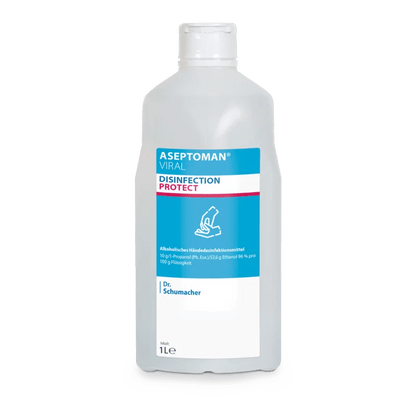 The Dr. Schumacher Aseptoman® Viral Hand Disinfection by Dr. Schumacher GmbH in the 1-liter plastic bottle with blue-white design and flip-top closure is labeled as virucidal and skin-friendly hand disinfectant.