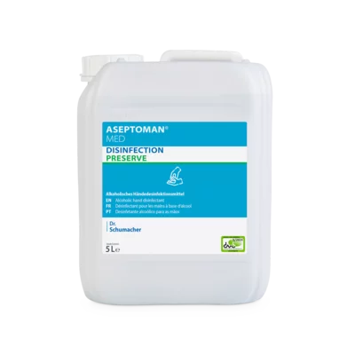 Ein weißer 5-Liter-Kanister der Dr. Schumacher GmbH mit der Aufschrift "Dr. Schumacher Aseptoman® med Händedesinfektion" mit blauen und grünen Akzenten; ein alkoholisches Händedesinfektionsmittel für die schonende Hauthygiene.