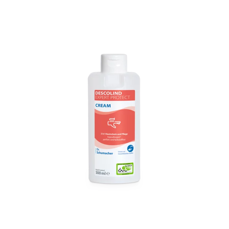 Eine weiße 500-mL-Flasche der Dr. Schumacher Descolind Expert Protect Cream Hautschutzcreme der Dr. Schumacher GmbH mit rot-weißem Etikett, ideal für allergiegefährdete Hände, steht vor einem hellen Hintergrund.