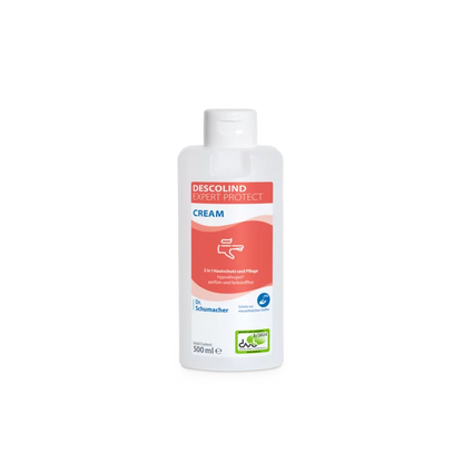 A white 500 ml bottle of Dr. Schumacher Descolind Expert Protect Cream skin protection cream from Dr. Schumacher GmbH with a red-white label, ideal for allergy-prone hands, stands against a light background.