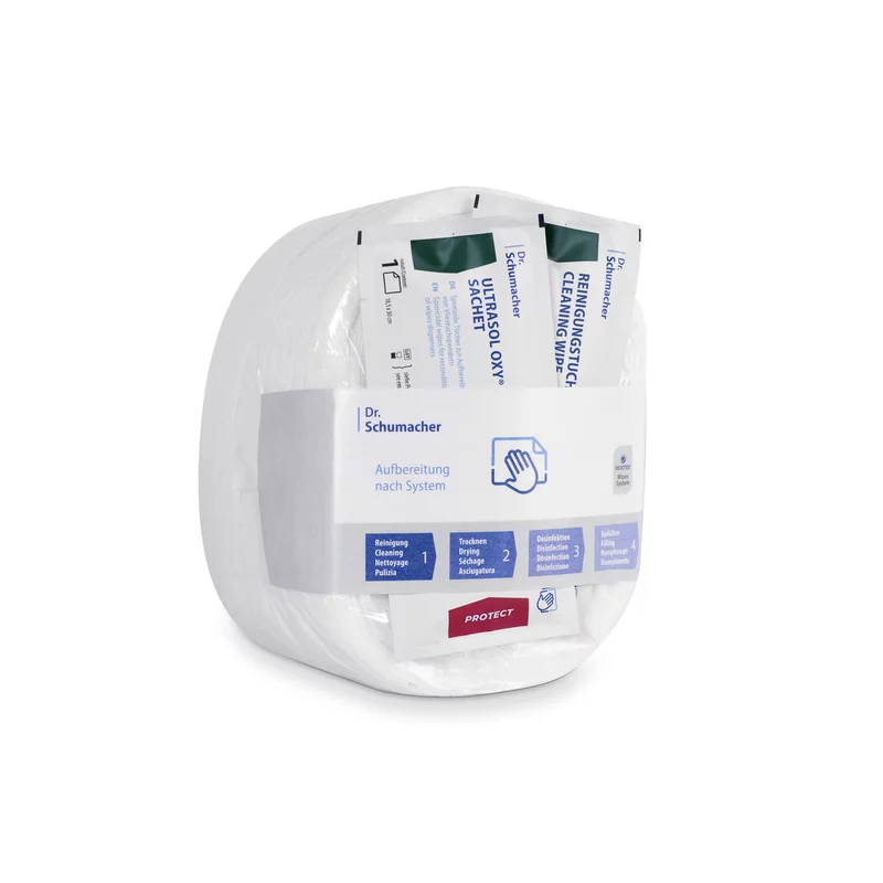 Pacáiste Dr. Schumacher GmbH Eco Wipes tuáillí neamhfhite le haghaidh díghalrúcháin dromchla, le tuáillí pacáilte ina n-aonar i gcoimeádán plaisteach trédhearcach, cruinn, lipéadaithe le faisnéis faoi tháirgí agus treoracha úsáide.