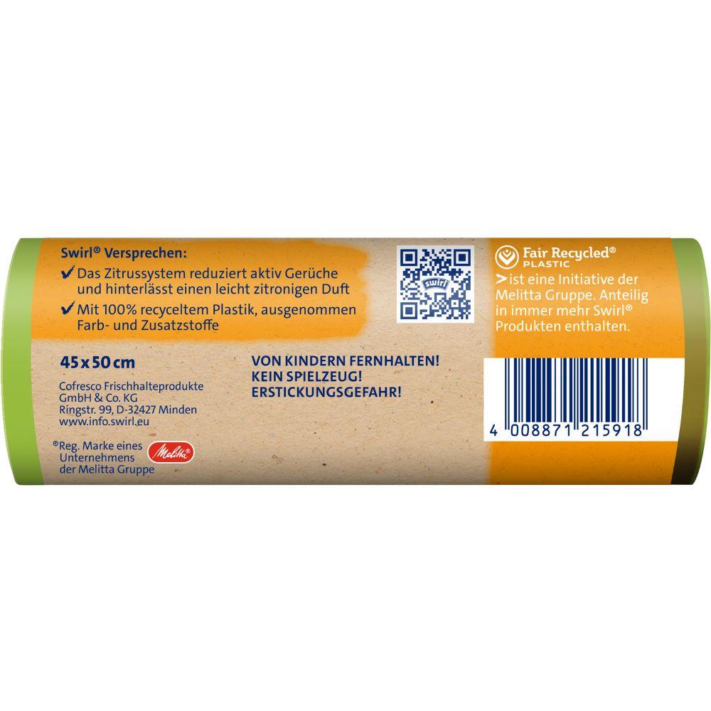 A close-up shows the Swirl Active Fresh Trash Bags 20l from Melitta with a citrus system for fresh scent, made from 100% recycled plastic. The German packaging contains safety instructions and a barcode on a brown-green background. (12 bags per roll).