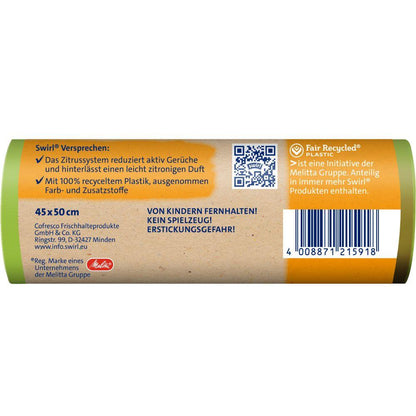 A close-up shows the Swirl Active Fresh Trash Bags 20l from Melitta with a citrus system for fresh scent, made from 100% recycled plastic. The German packaging contains safety instructions and a barcode on a brown-green background. (12 bags per roll).