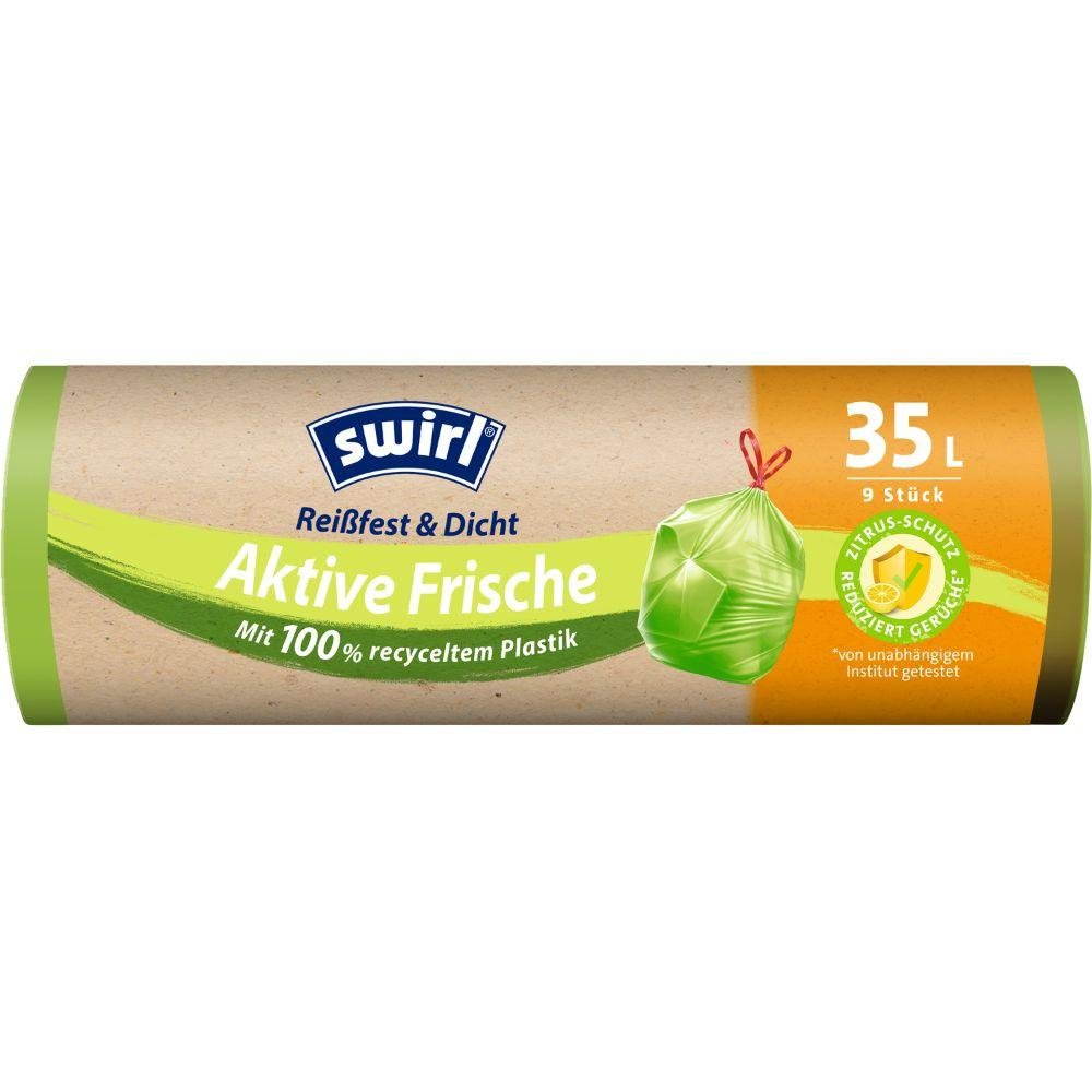 Swirl Active Fresh Garbage Bags 35 l from Melitta Europa, roll with 9 bags. 100% recycled plastic, tear-resistant & leak-proof, innovative odor control with citrus system for freshness protection.