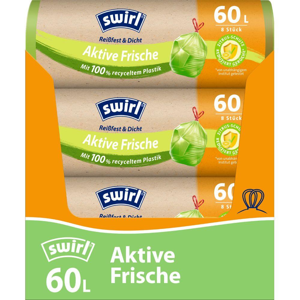 Swirl Active Fresh Trash Bags 60 l by Melitta Europa GmbH & Co. KG: 8 tear-resistant, leak-proof bags made from 100% recycled plastic with citrus system for freshness, green-orange, product details in English.