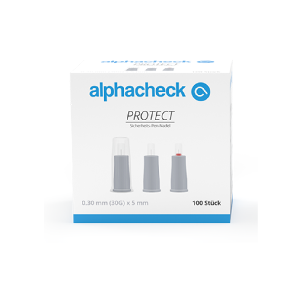 A box labeled "Alphacheck PROTECT safety pen needles, various sizes" from Berger Med GmbH for diabetes management. The box shows images of three pen needles and specifies: 0.30 mm (30G) x 5 mm, suitable for insulin injections. The box contains 100 pieces.