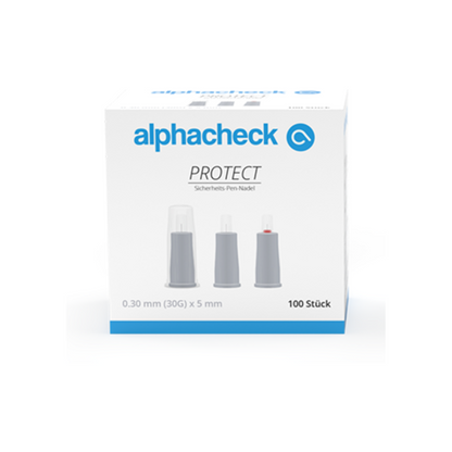 A box labeled "Alphacheck PROTECT safety pen needles, various sizes" from Berger Med GmbH for diabetes management. The box shows images of three pen needles and specifies: 0.30 mm (30G) x 5 mm, suitable for insulin injections. The box contains 100 pieces.