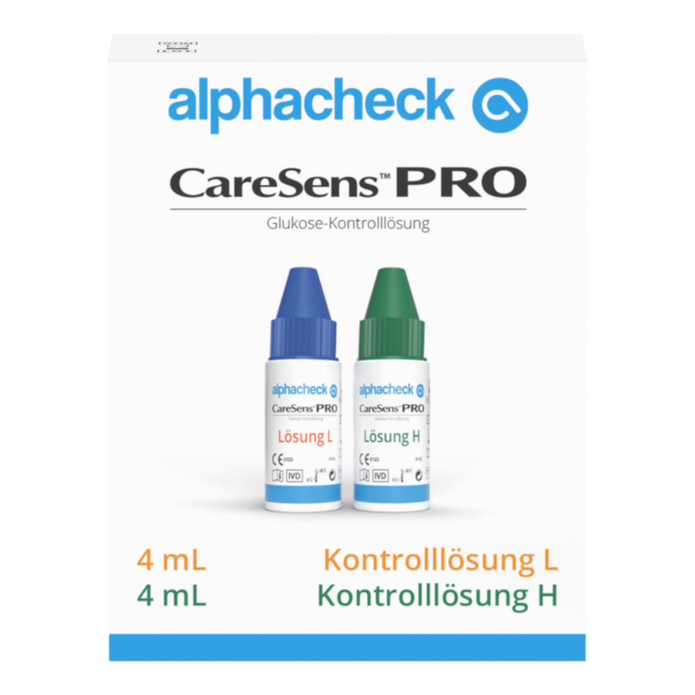 Taispeánann an íomhá bosca bán leis an inscríbhinn “Berger Med GmbH Alphacheck CareSens PRO Réiteach Rialaithe L+H | Pacáiste (2 Bhuidéal)”, oiriúnach do thomhais chleachtais le gléasanna tomhais siúcra fola. Tá dhá bhuidéal bheaga ann, ceann le caipín gorm leis an inscríbhinn “Réiteach L” agus ceann le caipín glas leis an inscríbhinn “Réiteach H”, gach ceann acu ag coinneáil 4 ml.