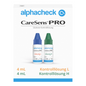 Taispeánann an íomhá bosca bán leis an inscríbhinn “Berger Med GmbH Alphacheck CareSens PRO Réiteach Rialaithe L+H | Pacáiste (2 Bhuidéal)”, oiriúnach do thomhais chleachtais le gléasanna tomhais siúcra fola. Tá dhá bhuidéal bheaga ann, ceann le caipín gorm leis an inscríbhinn “Réiteach L” agus ceann le caipín glas leis an inscríbhinn “Réiteach H”, gach ceann acu ag coinneáil 4 ml.