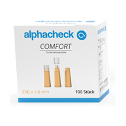 Bosca bán leis an inscríbhinn 'Alphacheck comfort Sicherheitslanzetten' ó Berger Med GmbH, ina bhfuil 100 lancet le toisí 23G x 1.6 mm. Léiríonn an bosca íomhánna de thrí lancet i stáit éagsúla: le caipín, cuid den chaipín bainte, agus gan chaipín. Leagann an téacs Gearmánach ar an bpacáistiú béim ar thréithe tábhachtacha cosúil le 'fuil a bhaint le pian íseal' chun fuil a bhaint go sábháilte agus gan phian.
