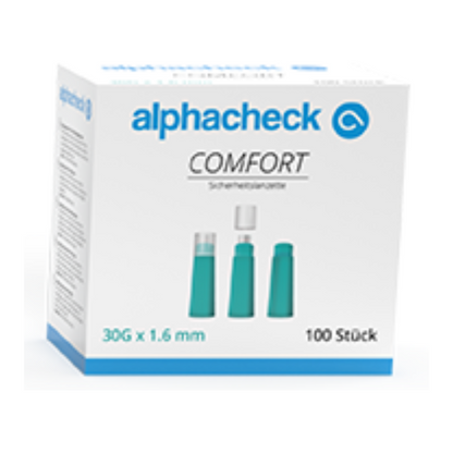 Taispeánann an íomhá bosca Alphacheck comfort Sicherheitslanzetten, méideanna éagsúla ó Berger Med GmbH. Taispeánann an bosca bán le béim gorm agus tuircis trí chineál lancet, le '30G x 1.6 mm' le haghaidh fuil a bhaint le pian íseal agus '100 píosa', ag léiriú neart, fad agus líon na lancet.