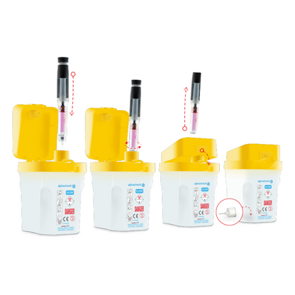 Léaráid céim ar chéim a thaispeánann úsáid bosca diúscartha gairmiúil Alphacheck Berger Med GmbH do snáthaidí peann | Pacáiste (1 píosa) le clúdach buí chun snáthaidí peann a dhiúscairt. Áirítear leis na céimeanna an snáthaid a chur isteach, é a shéaladh sa choimeádán agus seat gar den chaipín tar éis an diúscartha.