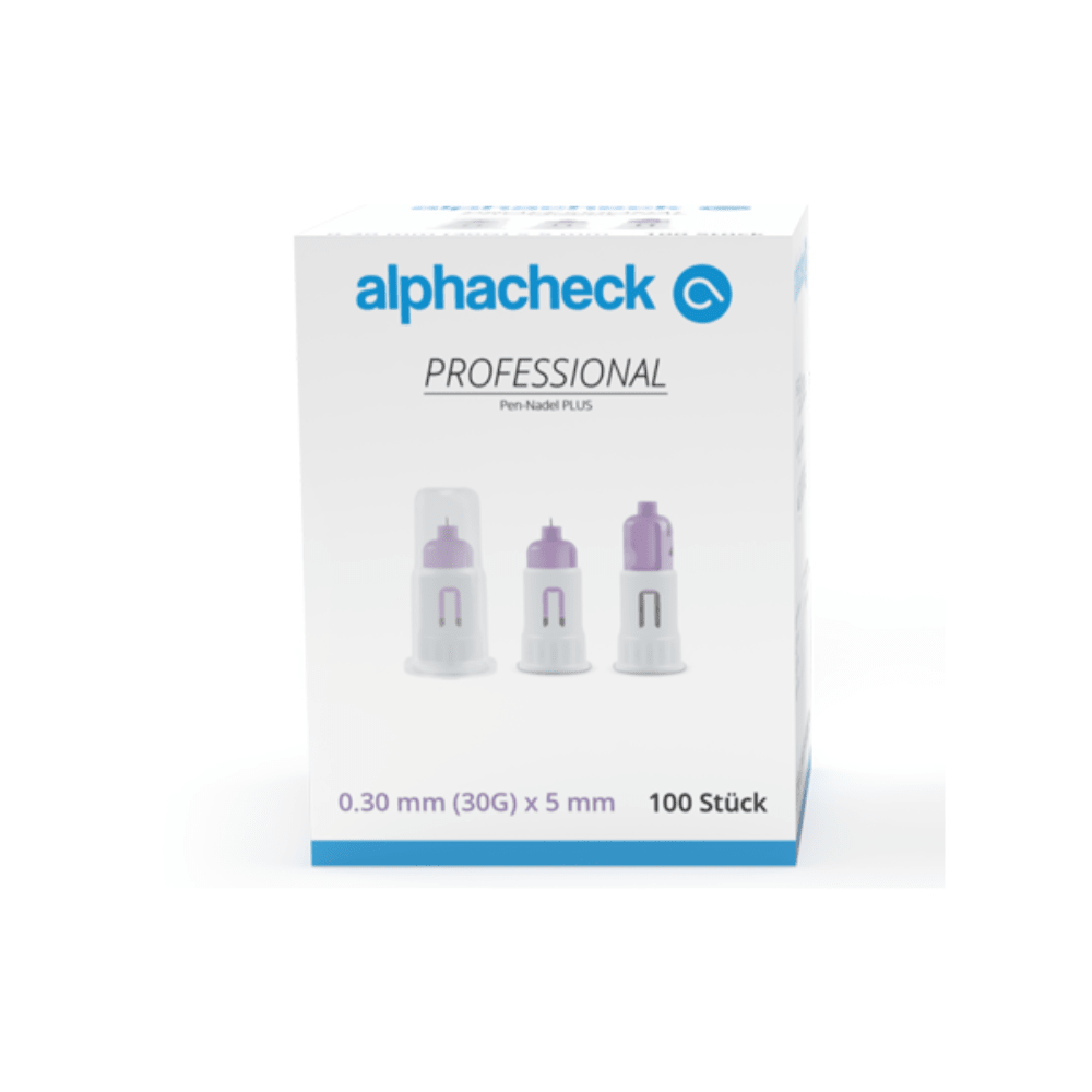A box of Alphacheck Professional Pen Needles PLUS, various sizes, for insulin injections. The box shows a picture of the sterile needles and lists the size: 0.30 mm (30G) x 5 mm. It contains 100 pieces from Berger Med GmbH.