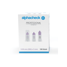 A box of Alphacheck Professional Pen Needles PLUS, various sizes, for insulin injections. The box shows a picture of the sterile needles and lists the size: 0.30 mm (30G) x 5 mm. It contains 100 pieces from Berger Med GmbH.