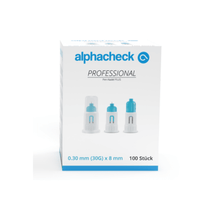 A box of Alphacheck Professional Pen Needles PLUS, various sizes. The white box with blue accents contains 100 sterile needles, 0.30 mm (30G) x 8 mm, for insulin injections. The front features images of three pen needles with text in blue and black from Berger Med GmbH.
