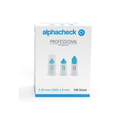 A box of Alphacheck Professional Pen Needles PLUS, various sizes. The white box with blue accents contains 100 sterile needles, 0.30 mm (30G) x 8 mm, for insulin injections. The front features images of three pen needles with text in blue and black from Berger Med GmbH.