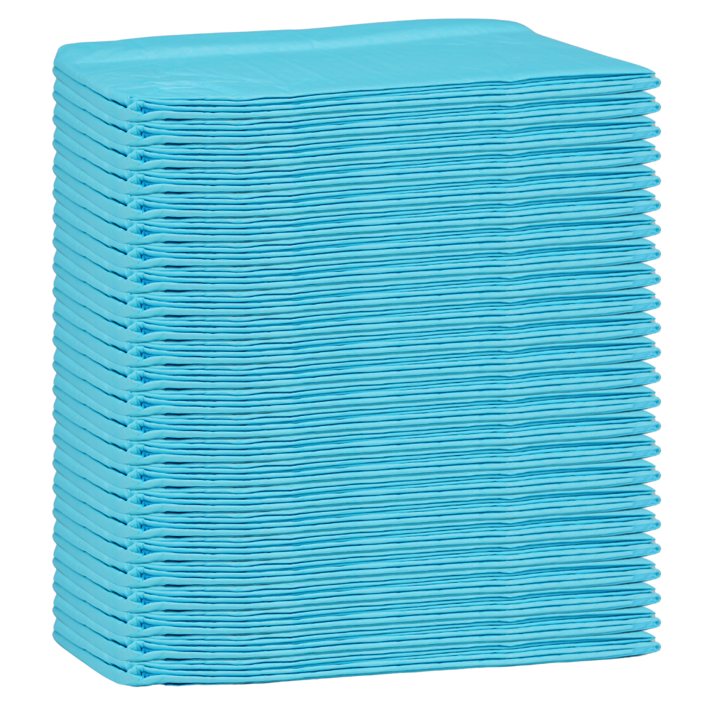 A neatly stacked pile of blue Altruan Altruflock® bed protection pads 60 x 90 cm Supersoft Extremely Absorbent | Package (25 pieces) against a white background. The hospital pads are arranged in a rectangular formation, creating a symmetrical appearance.