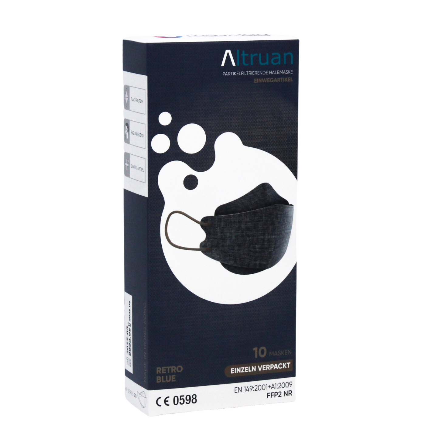 Eine Schachtel Altruan Designer Gesichtsmaske Partikelfiltrierend, die dem FFP2-Standard entspricht, präsentiert sich in einem stilvollen Design mit dunkelblauen und weißen Kreismustern. Jede Packung enthält 10 ergonomisch angepasste Masken mit der Aufschrift „Retro Blue“.