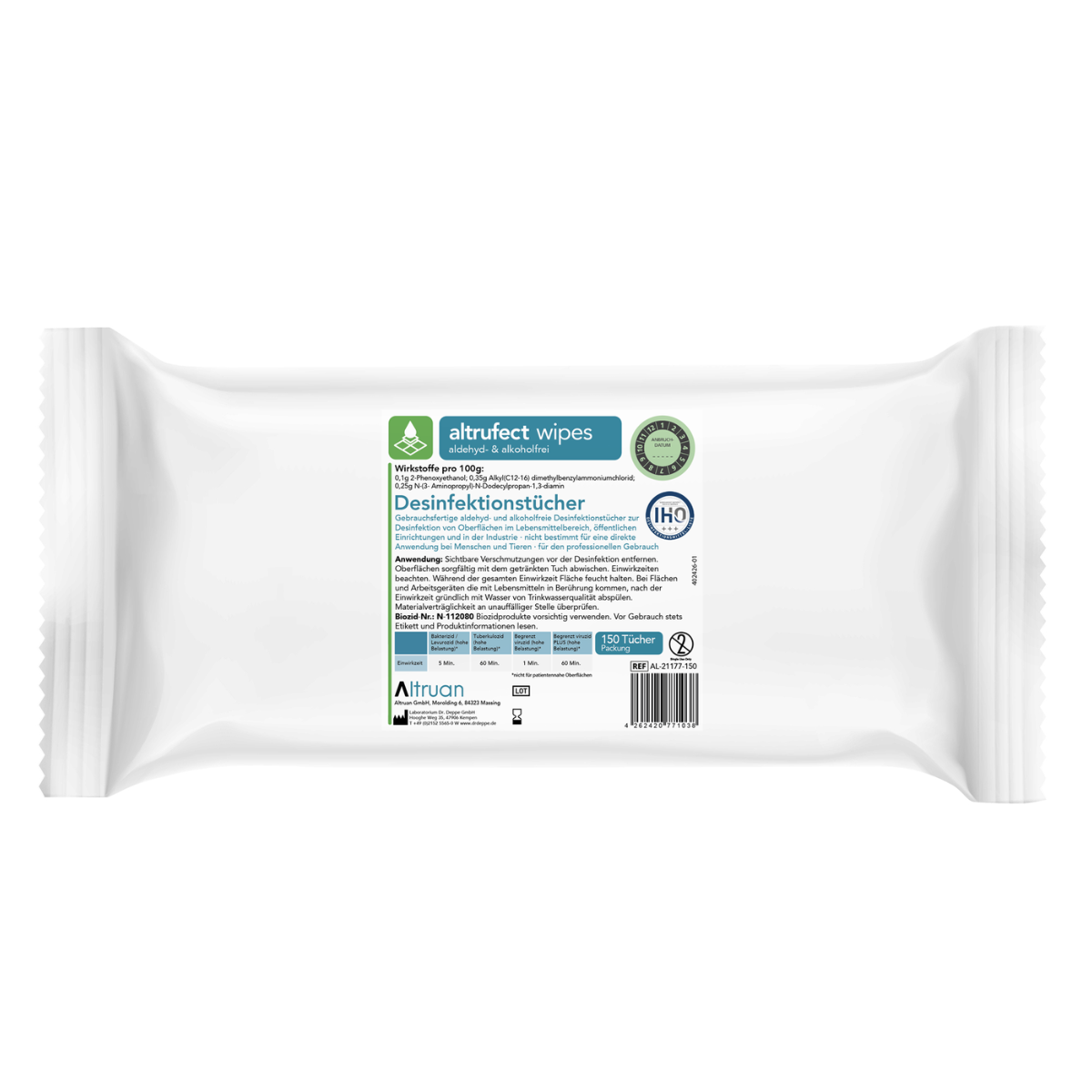 A pack of Altruan Altrufect® Wipes surface disinfection wipes, various variants, with brand and product information on the label. The pack contains 150 alcohol-free disinfection wipes and includes information in German, such as "surface disinfection" and instructions for use. The packaging is predominantly white with green and blue accents.