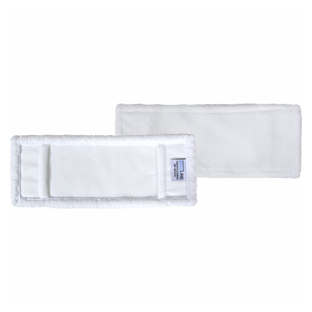 Two rectangular, white Arcora Professional Mf cover pads from Arcora International GmbH lay flat – one facing up to reveal the label and seams, the other facing down to show the smooth surface – ideal for regular cleaning (maintenance cleaning).