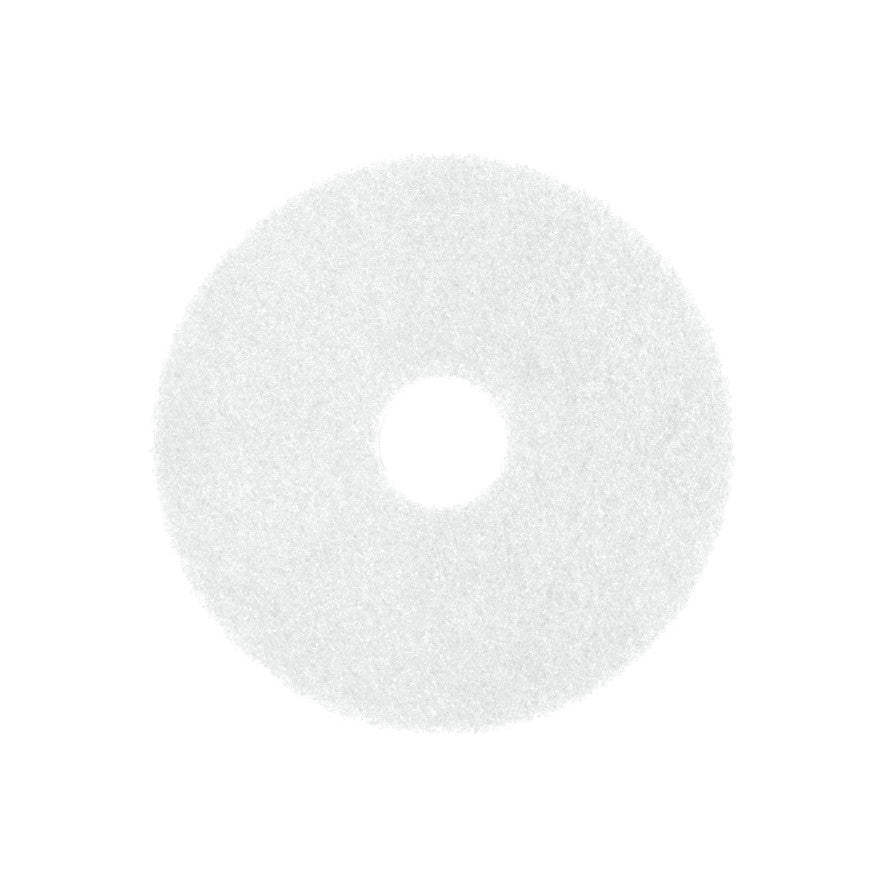 A white, round Arcora Superpad White from Arcora International GmbH, designed for dry polishing up to 400 RPM or for applying waxes/oils on parquet/cork, is shown with a central hole on a plain white background.