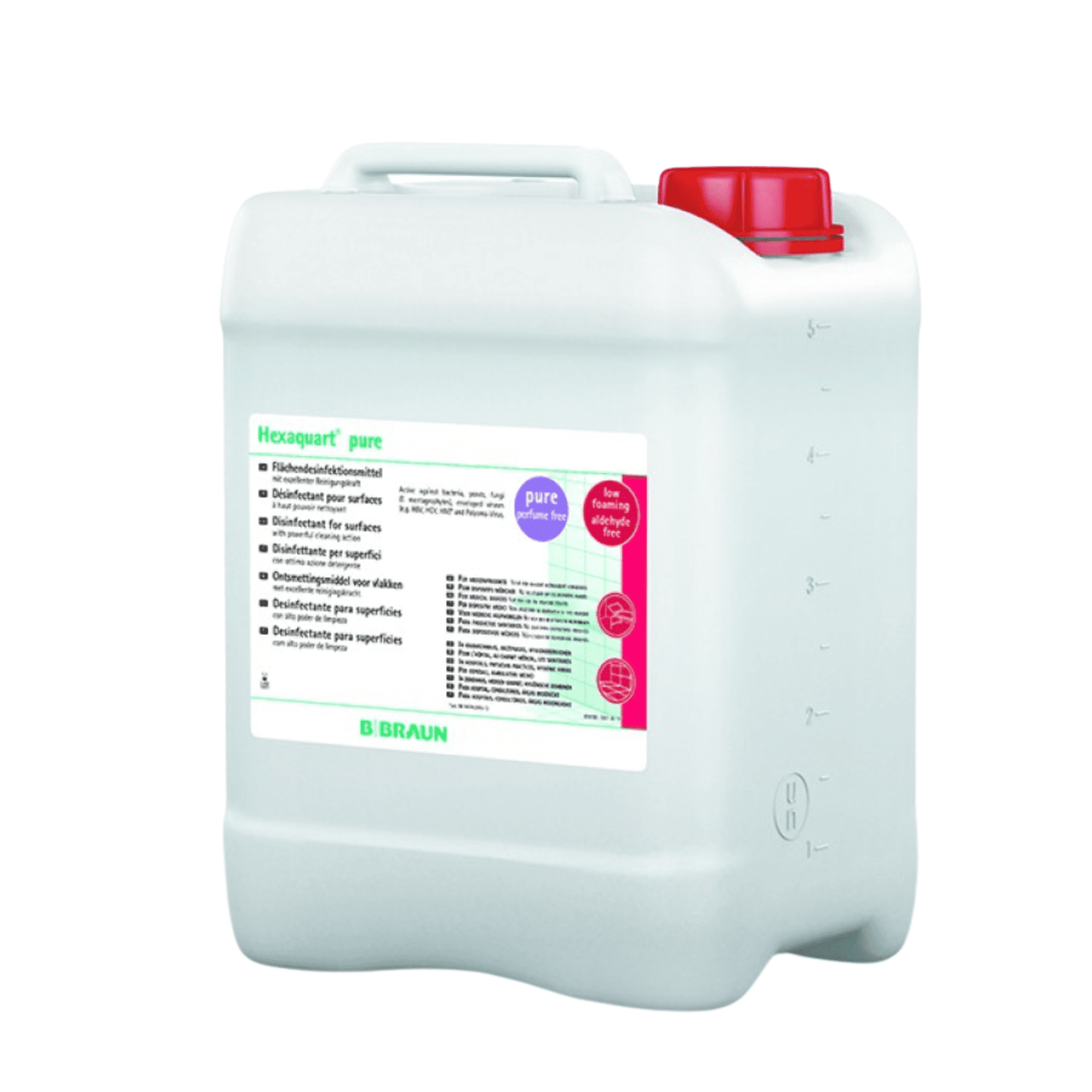The white plastic container labeled “B. Braun Hexaquart® pure surface disinfection – 5 liters” features a red screw cap and offers aldehyde-free surface disinfectant for quick disinfection, guaranteeing quality and effectiveness from B. Braun Deutschland GmbH & Co. KG.