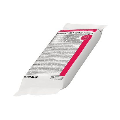 The image shows a pack of B. Braun Meliseptol® HBV Wipes from B. Braun Deutschland GmbH & Co. KG. The label displays detailed black text with a red accent stripe on a white background. This wipe disinfection pack contains 100 wipes and is mostly rectangular with a slightly angled perspective.