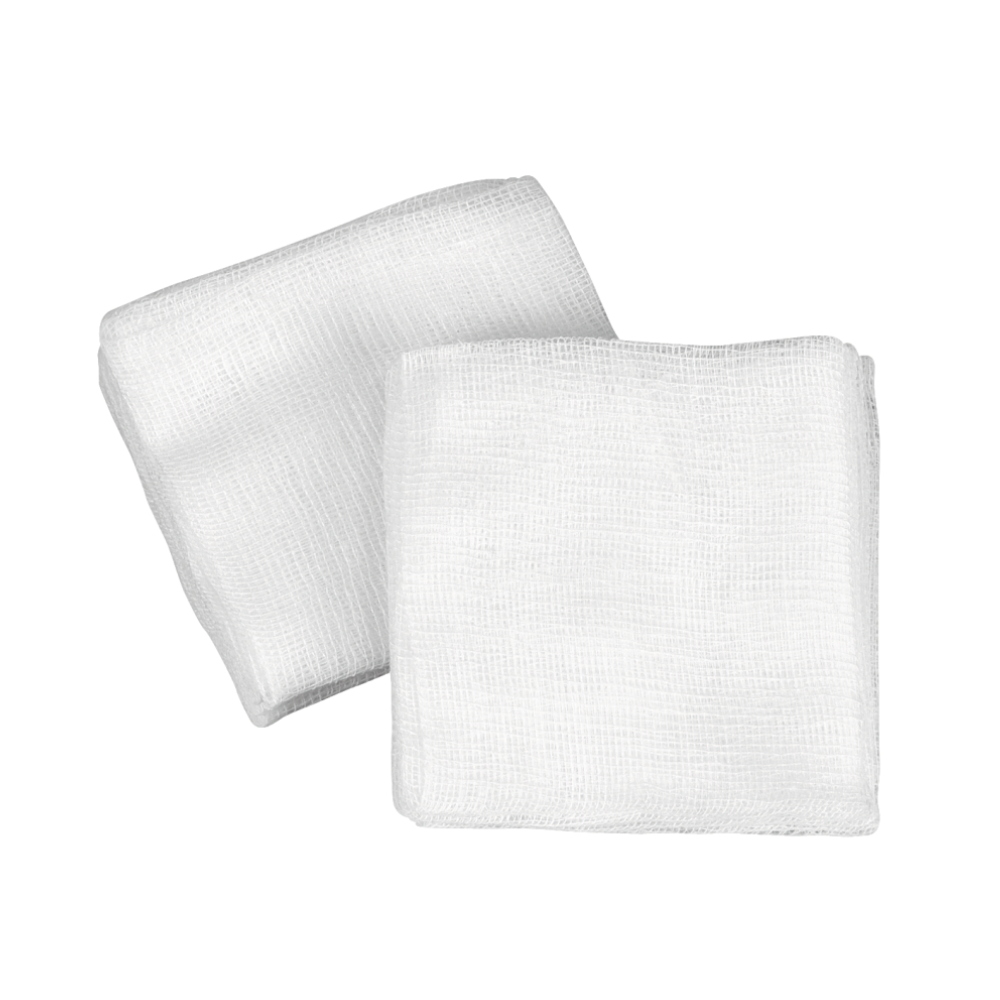 On a white background, there are two unused B. Braun Askina gauze compresses, manufactured by B. Braun Deutschland GmbH & Co. KG, depicted, which are ideal for effective wound care due to their textured and folded surface.