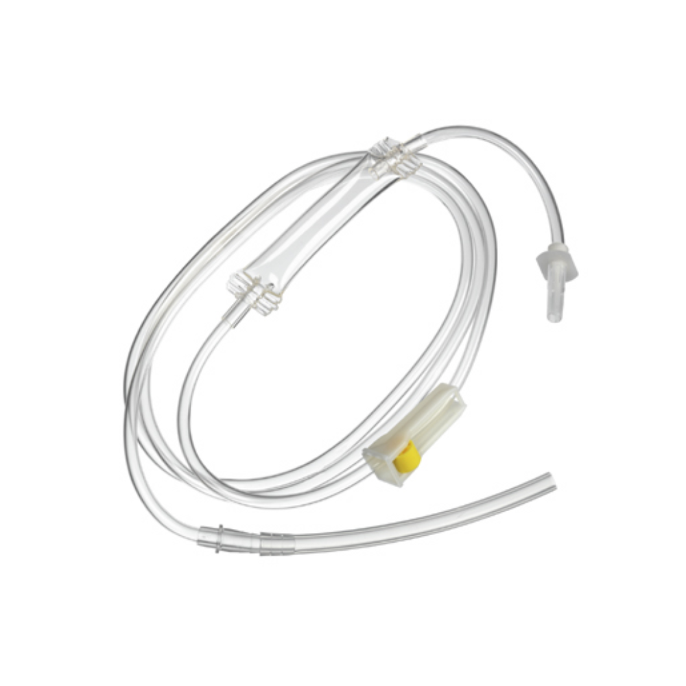 A transparent medical tubing set, the B. Braun Ecospike® No. 1 from B. Braun Deutschland GmbH & Co. KG, is depicted rolled up on a white background, with connectors, clamps, and a yellow filter visible for fluid administration or medical use.