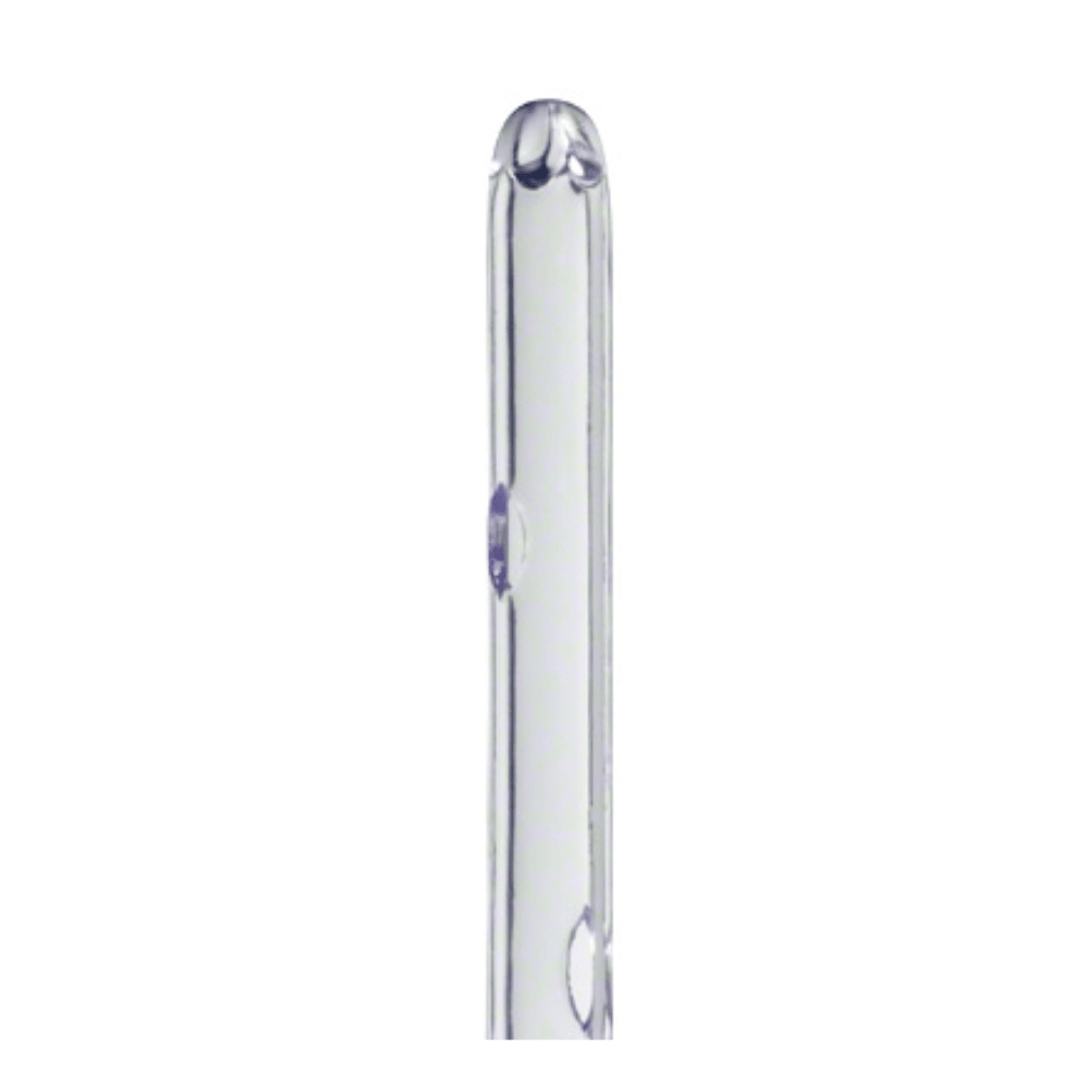 Close-up of a transparent glass thermometer focusing on the upper part, reminiscent of the rounded design of the B. Braun single-use catheter for men with a closed Nelaton tip, 40 cm, manufactured by B. Braun Deutschland GmbH & Co. KG for gentle procedures. The plain white background emphasizes the delicate craftsmanship.