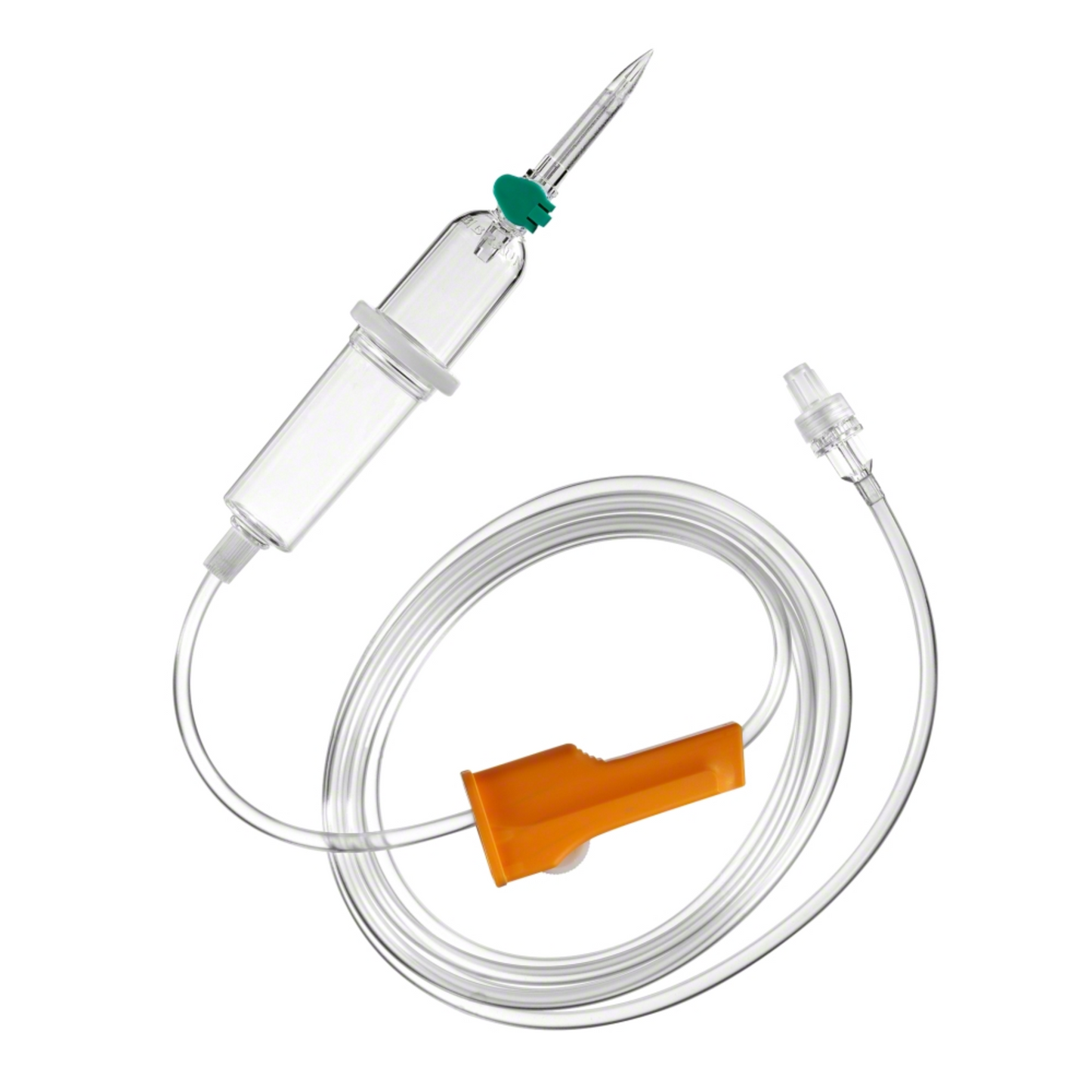 The B.Braun Intrafix® Primeline, standard infusion device of B. Braun Deutschland GmbH & Co. KG, features a transparent chamber and a long transparent tube with an orange roller clamp for precise flow regulation, ensuring proper administration.
