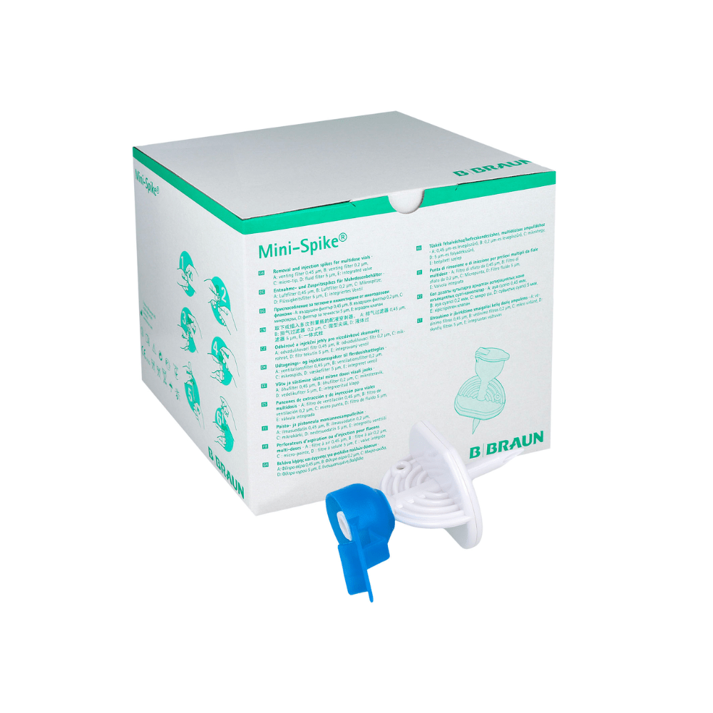 A white box with green accents and the text “B. Braun Mini-Spike® Filter” with Luer lock connection is displayed. On the front, there is an image of the medical device along with additional product details, while a separate image highlights a blue-white plastic component.