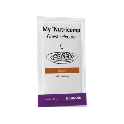 Tá mála den B. Braun My Nutricomp Finest Selection Meascán Spíosraí "Goulash - Meascán Spíosraí" ón B. Braun Deutschland GmbH & Co. KG le pacáistiú den chuid is mó bán le téacs dubh agus íomhá de bhabhla galach, a chuireann i gcuimhne do chruthaithe cócaireachta Alfons Schuhbeck.