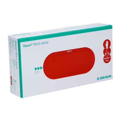 Box with white B. Braun Vasco® nitrile disposable gloves from B. Braun Deutschland GmbH & Co. KG, size 8-9. The packaging features a red oval design with a hand symbol in the corner, indicating latex-free, powder-free gloves.