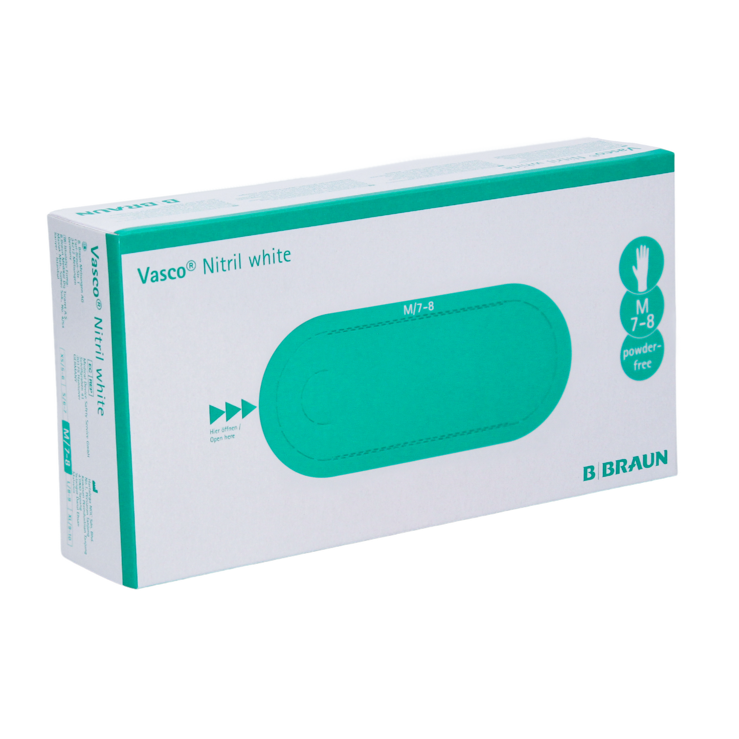 The image shows a box of white B. Braun Vasco® nitrile disposable gloves from B. Braun Deutschland GmbH & Co. KG, labeled as medium size 7-8 and powder-free. The packaging highlights the latex-free nitrile gloves with blue-green accents and text on a predominantly white background.