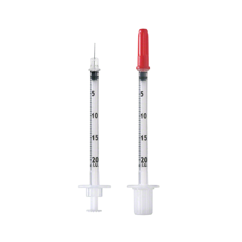 Two transparent syringes with measurement markings are shown vertically. One of them, a B. Braun Omnican® 20 disposable insulin syringe, has a red cap on the needle, while the other is open. Both have white plungers and are marked on their cylinders with numbers from 0 to 100 to allow for accurate dosing of U-40 insulin.
