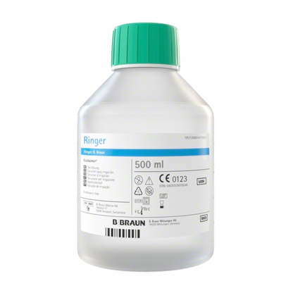 A 500 ml bottle of B. Braun Ringer Ecotainer® Topical Rinse Solution from B. Braun Deutschland GmbH & Co. KG, presented in an eco-friendly container with a green lid and a label with product information and inspection marks, made of durable polypropylene in Melsungen, Germany.