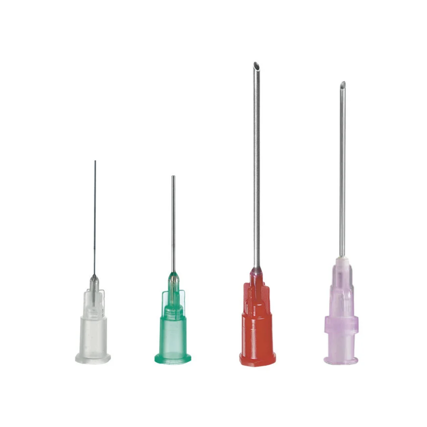 The B. Braun Sterican® Mix includes four blunt disposable injection needles in different sizes and colors, equipped with Luer-Lock connectors. These needles, developed by B. Braun Deutschland GmbH & Co. KG, feature plastic sleeves in the colors Clear, Green, Red, and Lavender with different lengths and diameters for precise medication preparation.
