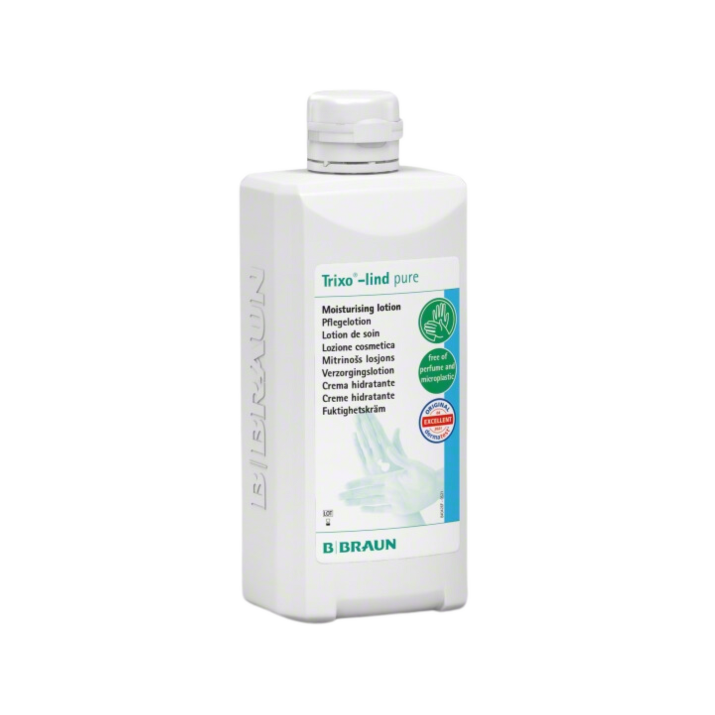 A white bottle B. Braun Trixo®-lind pure care lotion from B. Braun Deutschland GmbH & Co. KG is depicted against a plain background. The predominantly green-white label “fragrance-free” contains multilingual text and shows a hand illustration, making it ideal for sensitive skin.